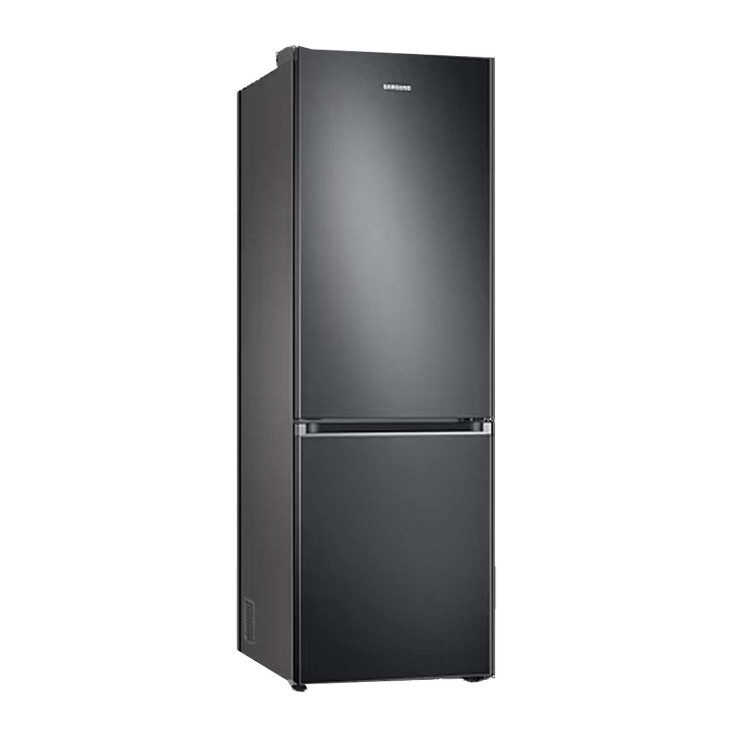 Réfrigérateur Samsung noir à deux portes. Il est grand et a un design élégant.
