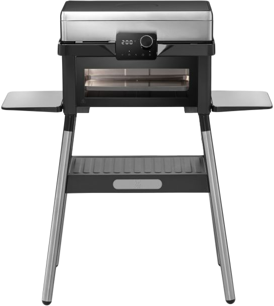 Fekete-ezüst elektromos grill digitális kijelzővel.