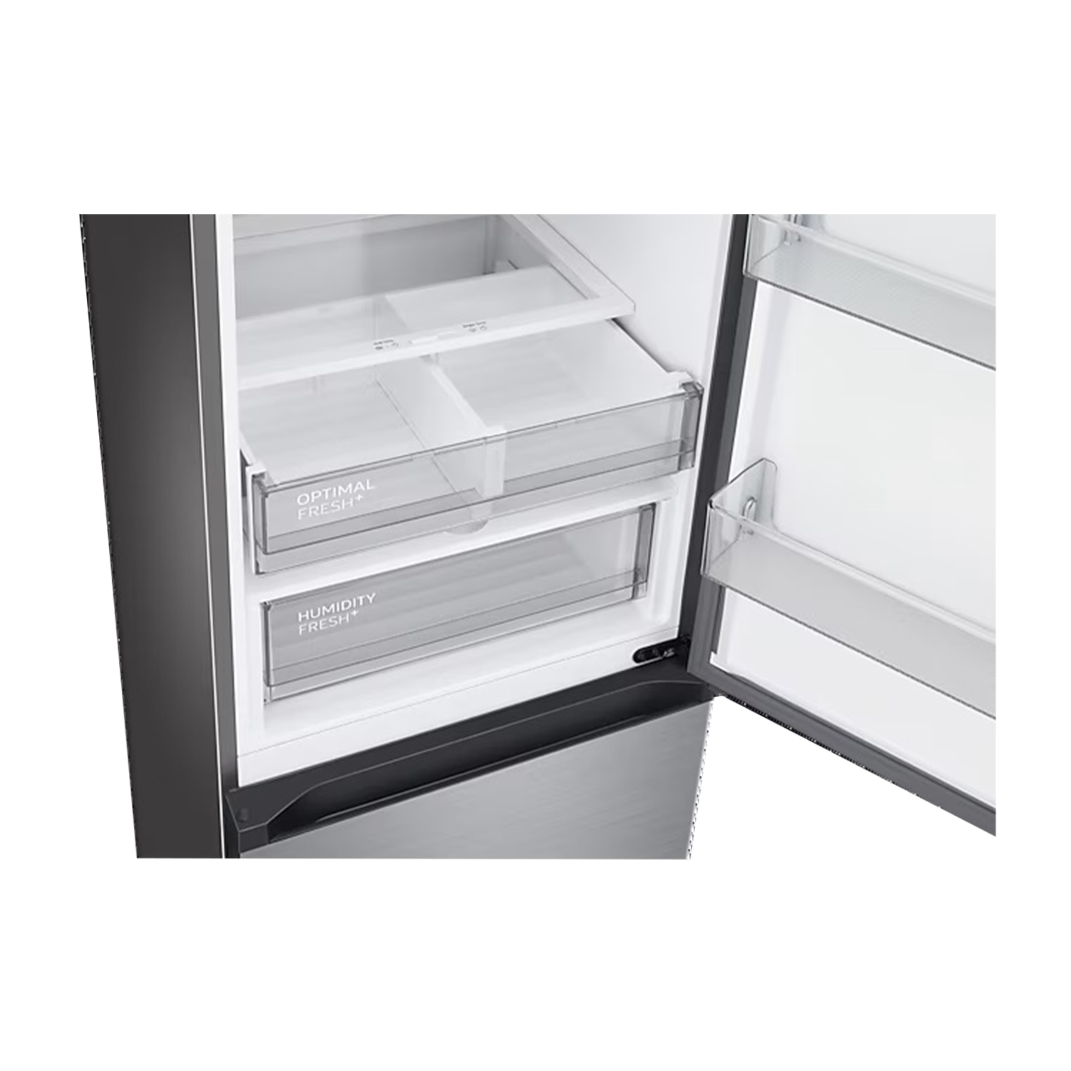L'intérieur ouvert d'un réfrigérateur. Il comporte des tiroirs transparents étiquetés « Optimal Fresh+ » et « Humidity Fresh+ ».