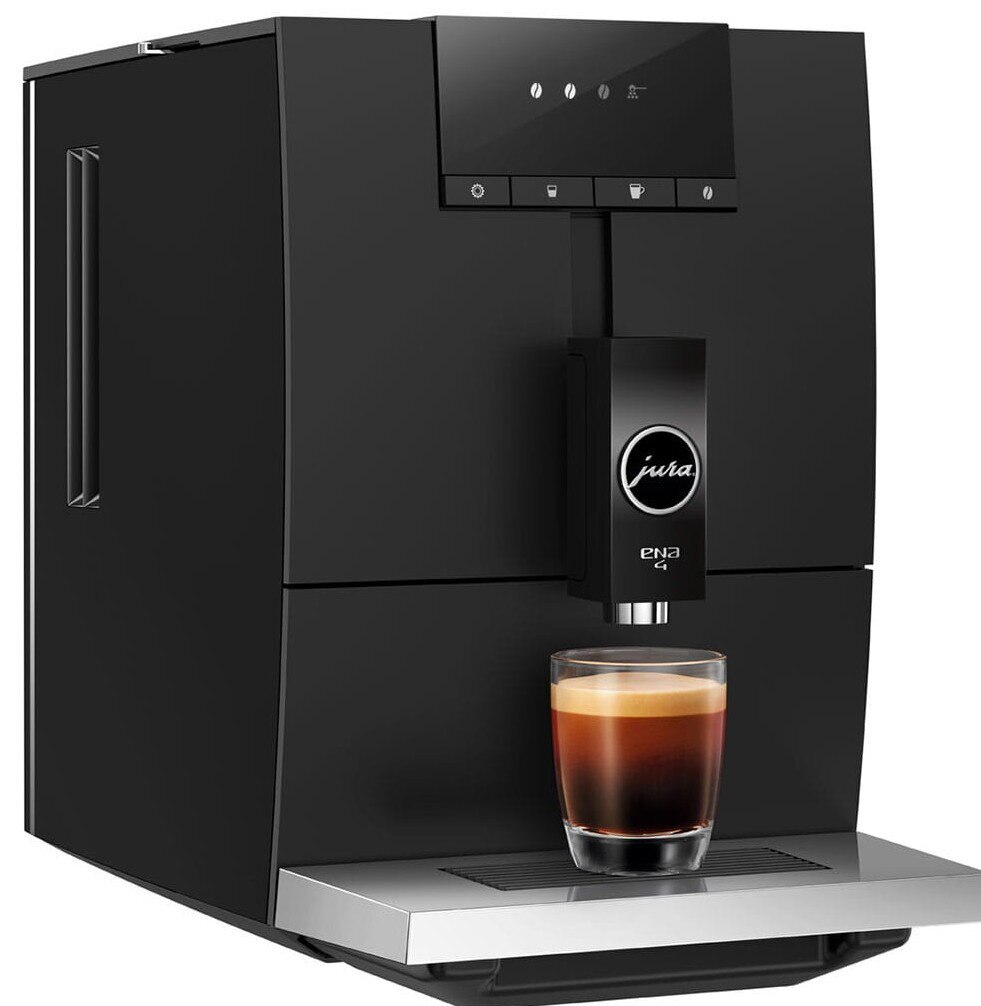 Czarny ekspres do espresso Jura ENA 4 ze szklanką espresso pod wylewką, czarne tło.