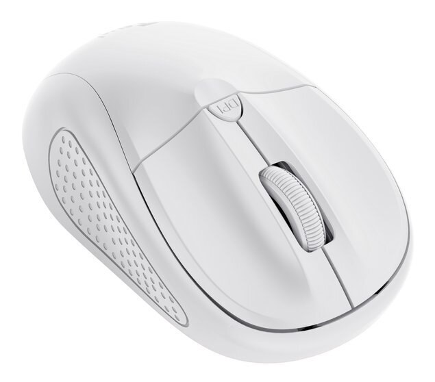 Biała mysz komputerowa, z kółkiem przewijania i przyciskiem DPI.