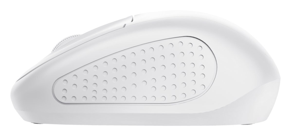 Widok z boku białej, ergonomicznej myszy komputerowej z teksturowanym uchwytem i kółkiem przewijania.