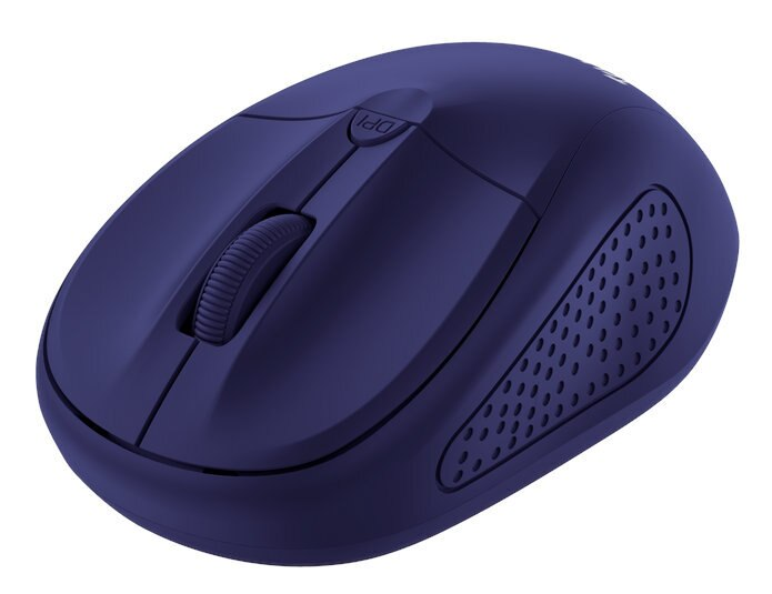 Niebieska mysz komputerowa z kółkiem przewijania i przyciskiem DPI. Mysz jest na białym tle.