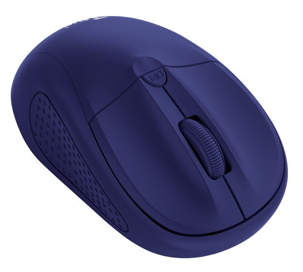Niebieska mysz bezprzewodowa. Mysz ma kółko przewijania i przycisk DPI. Na białym tle.