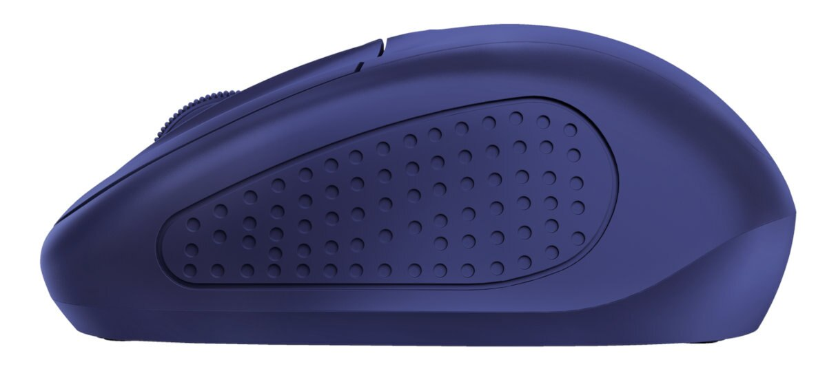 Niebieska mysz bezprzewodowa, ustawiona pod kątem, aby pokazać stronę z teksturowanym uchwytem.