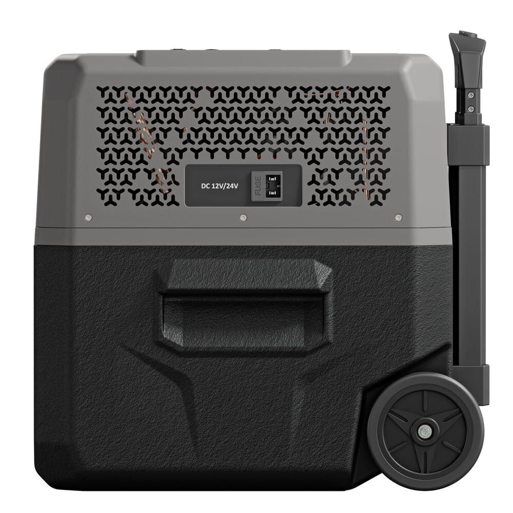 Szara i czarna lodówka turystyczna z kółkami i uchwytem. Kratka wentylacyjna na górze.