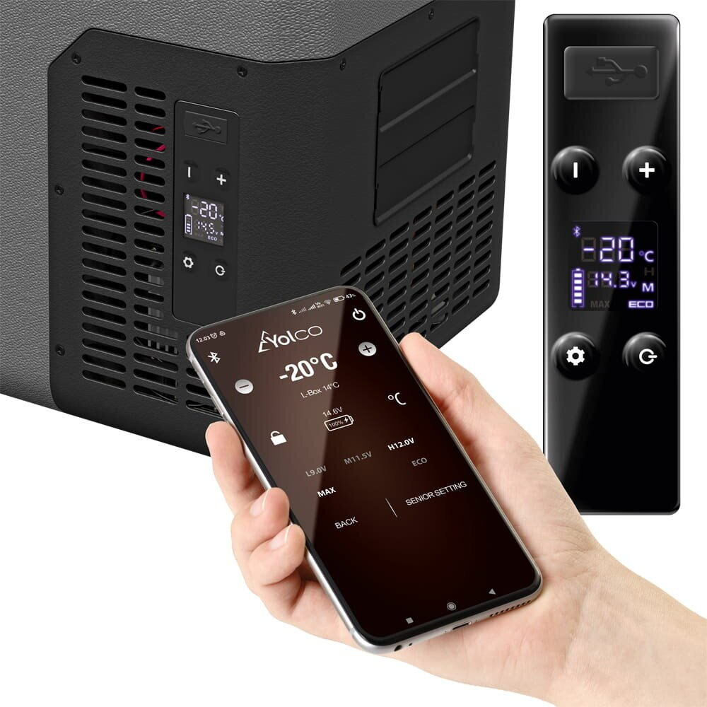 Czarna chłodziarka z panelem sterowania, pilotem. Telefon pokazuje -20°C.