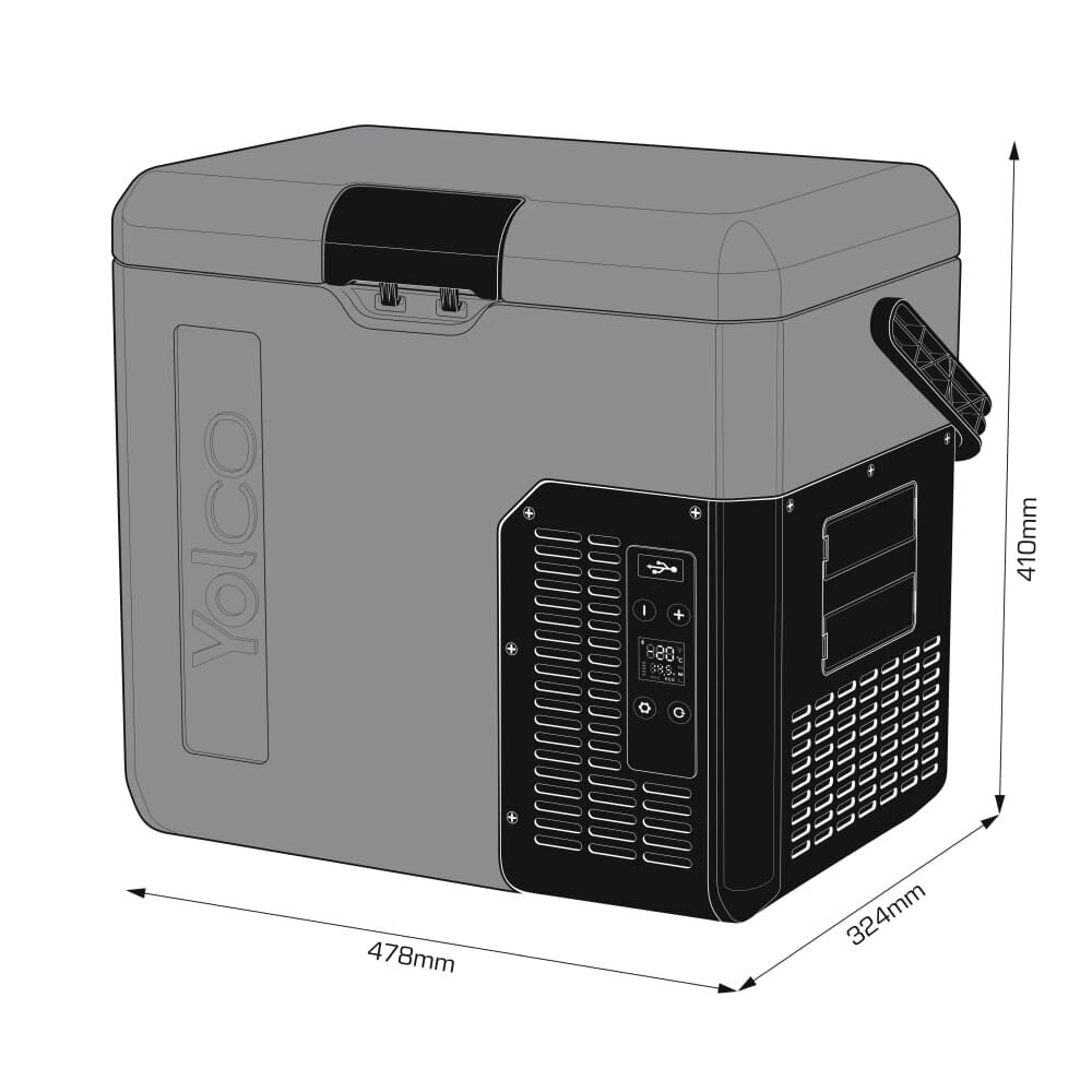 Szara i czarna przenośna chłodziarka z wymiarami i marką Yolco.