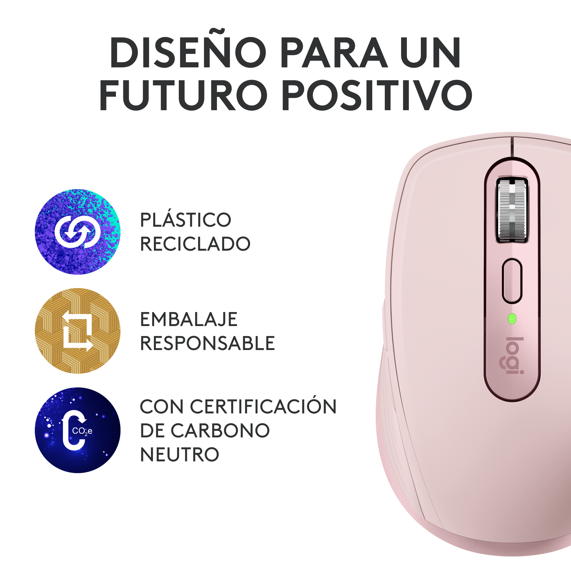 Un ratón de ordenador rosa con texto sobre diseño sostenible: plástico reciclado, embalaje responsable.