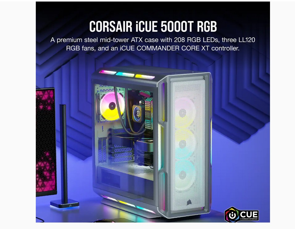 CORSAIR iCUE 5000T RGB Tempered Glass USB3.1 Mid Tower Gaming Bilgisayar Kasası Beyaz