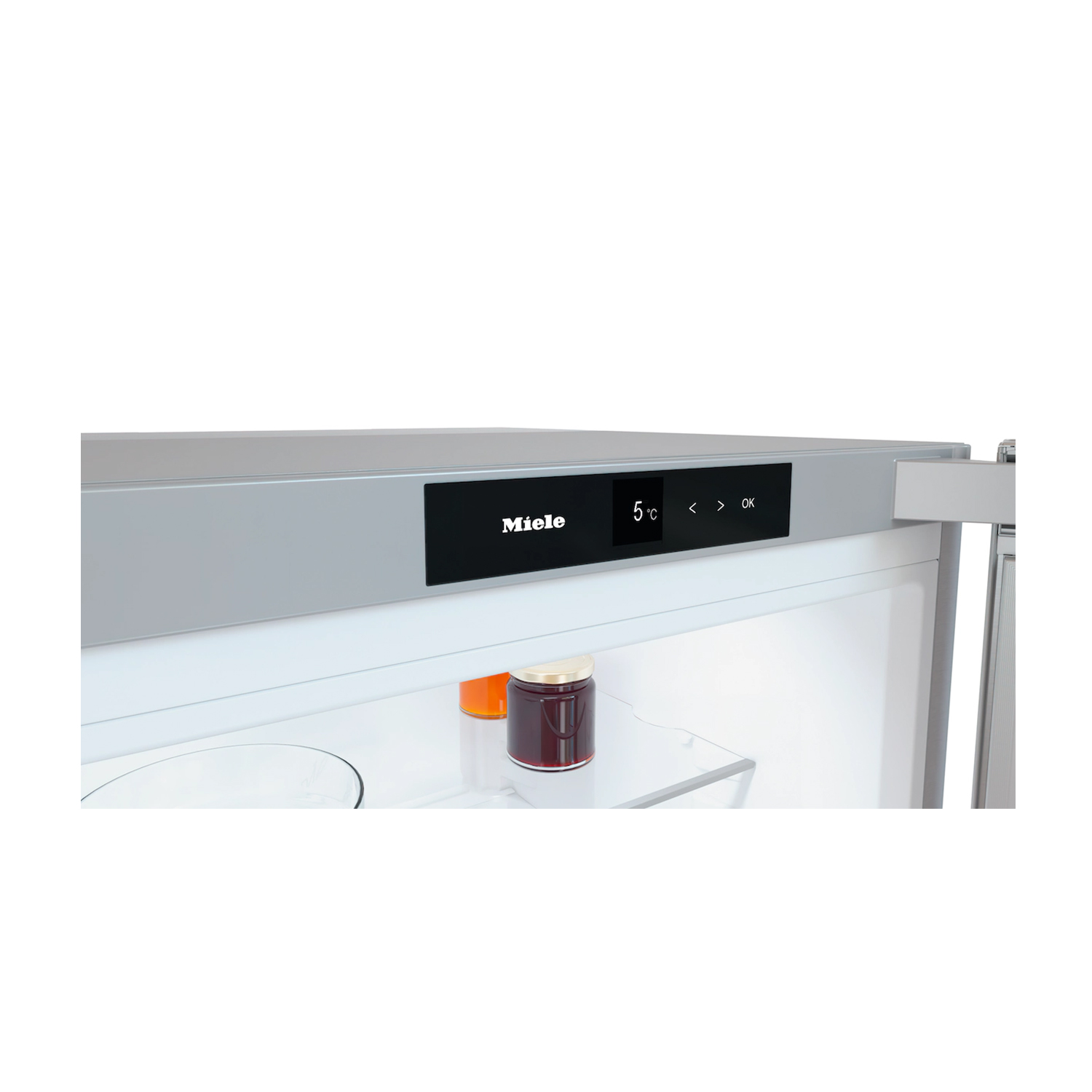 Pannello di controllo di un frigorifero Miele, con 'Miele', 5°C e icone a freccia.
