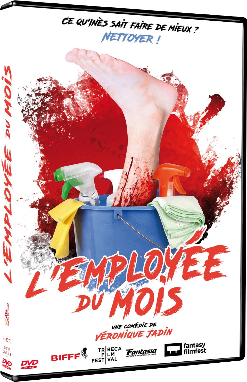DVD-hoes: Voet in emmer met schoonmaakmiddelen, bloedspatten, Franse titel.