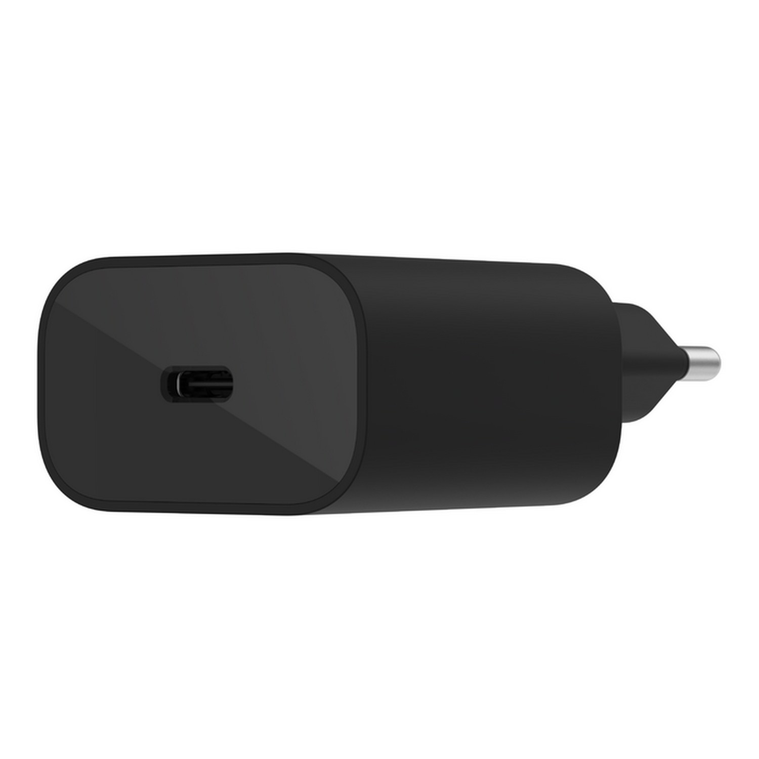 Un chargeur de téléphone noir avec un port USB-C et une prise pour une prise électrique.