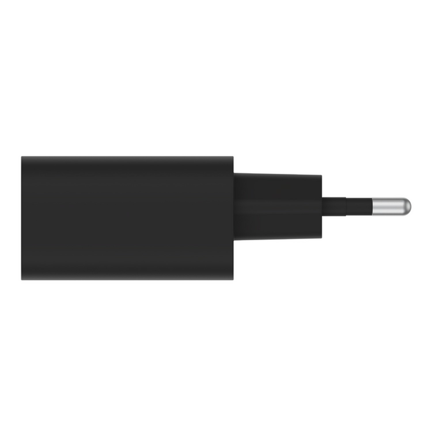 Chargeur noir avec deux broches et une pointe argentée sur fond blanc.
