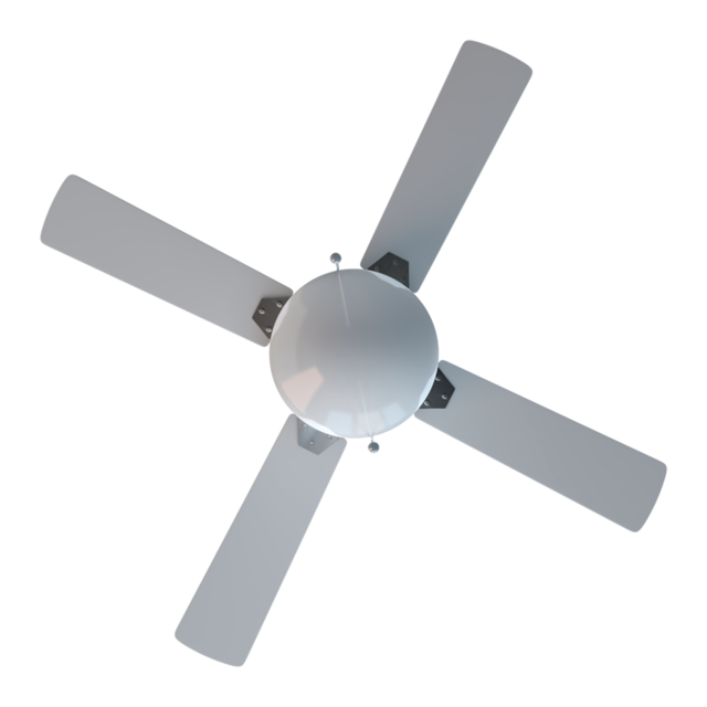 Ventilador de techo con cuatro aspas y una lámpara central. Aspas blancas sobre fondo negro.