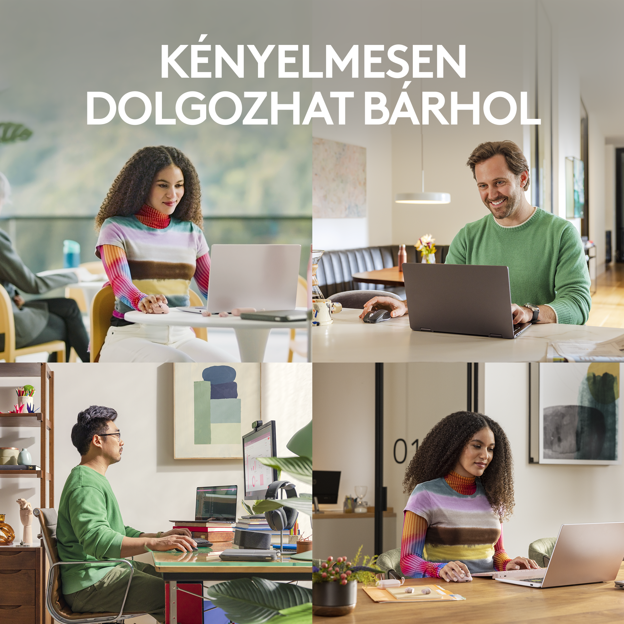 Négy ember laptopon dolgozik távolról, különböző környezetben, a rugalmas munkakörnyezetet népszerűsítve.