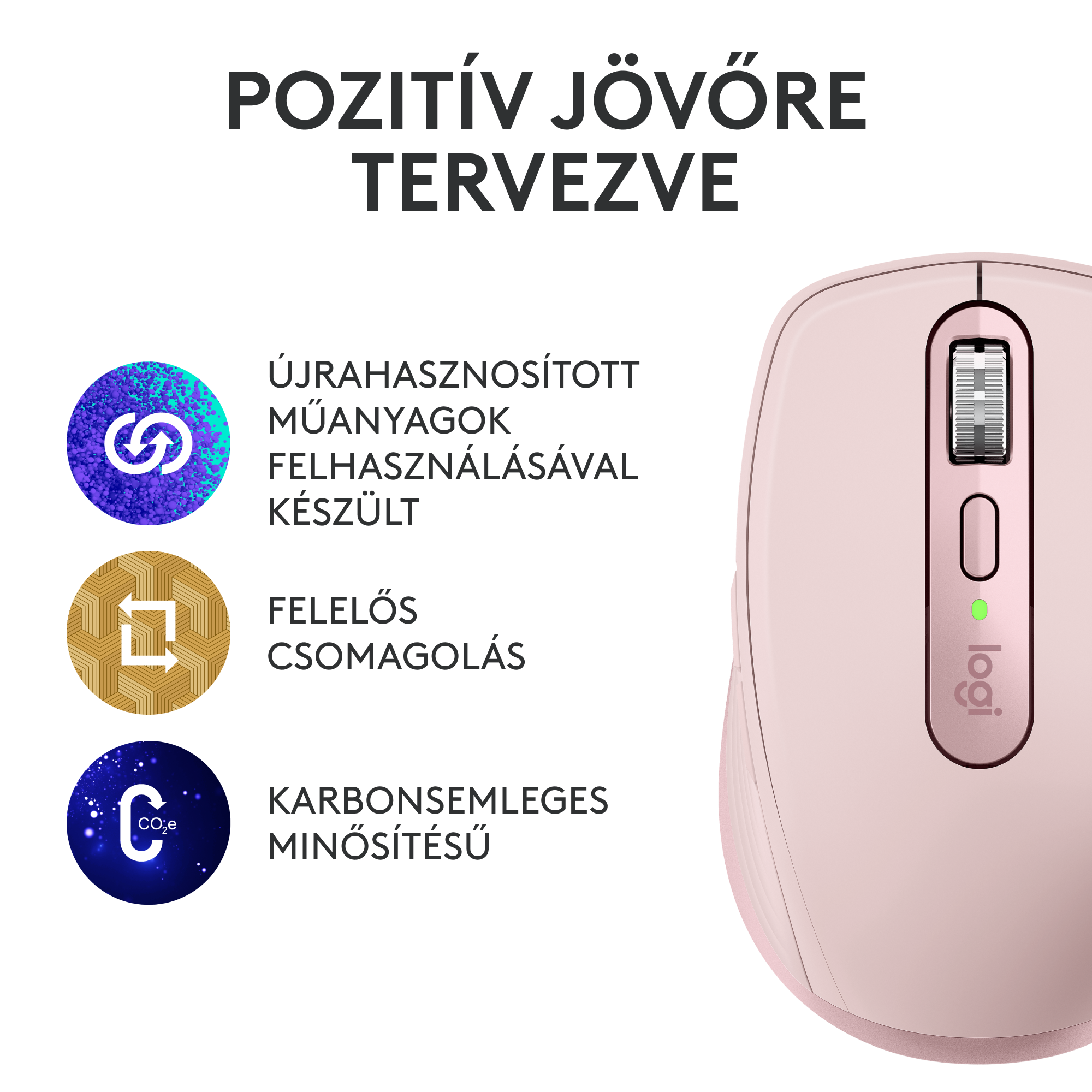 Rózsaszín egér újrahasznosítási ikonokkal és fenntarthatósági címkékkel, szöveg mellett.