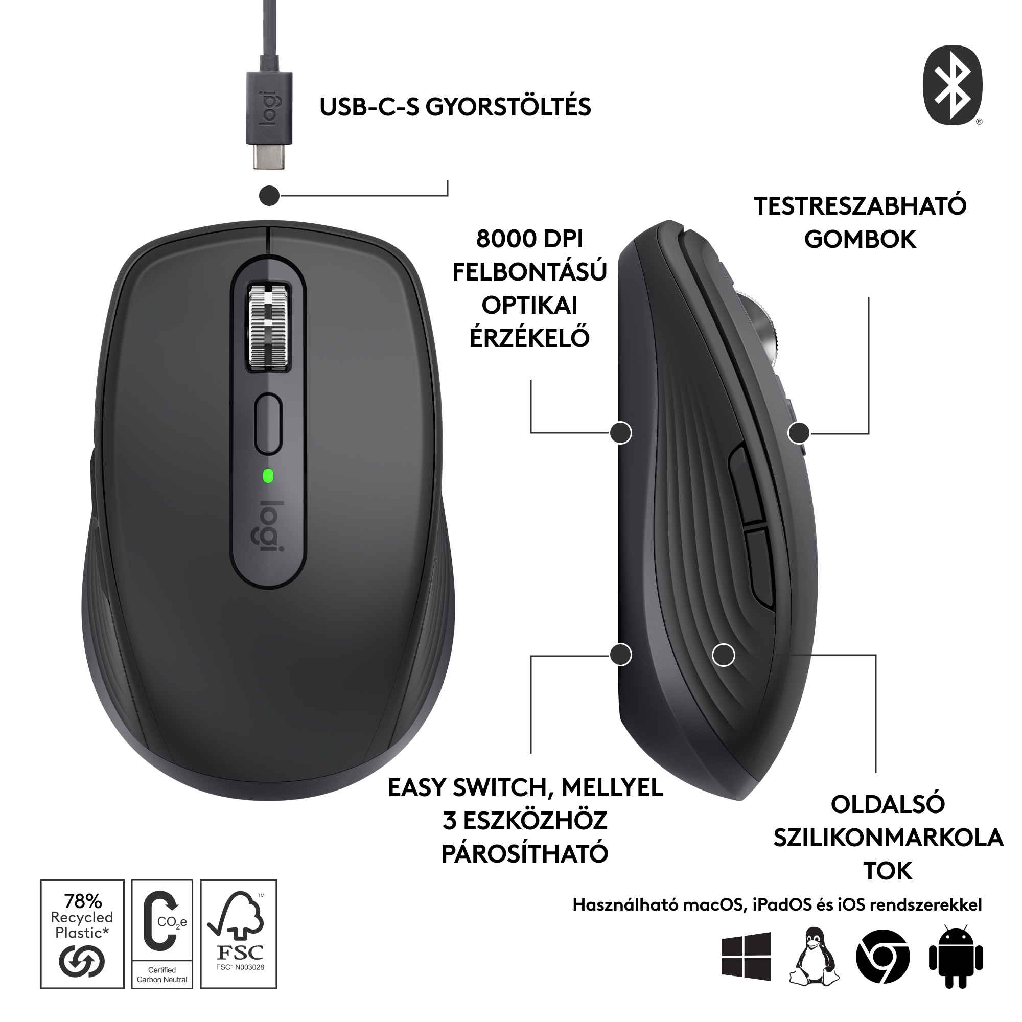 Fekete Logitech egér, felülnézet, feliratokkal és USB-C töltéssel.