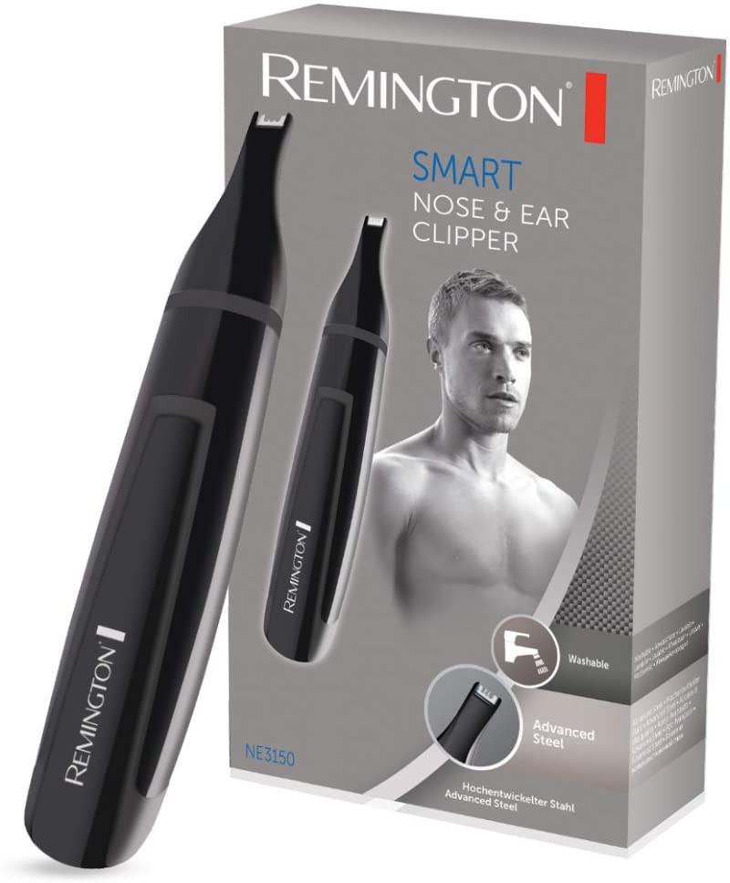 Remington orr- és fülszőrvágó dobozzal, a terméket és egy férfit mutatva.