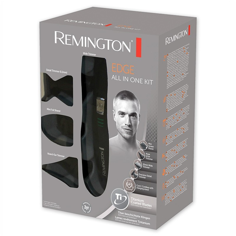 Egy Remington Edge All-in-One Kit doboza. Egy férfi arca és szerszámok képei láthatók rajta.