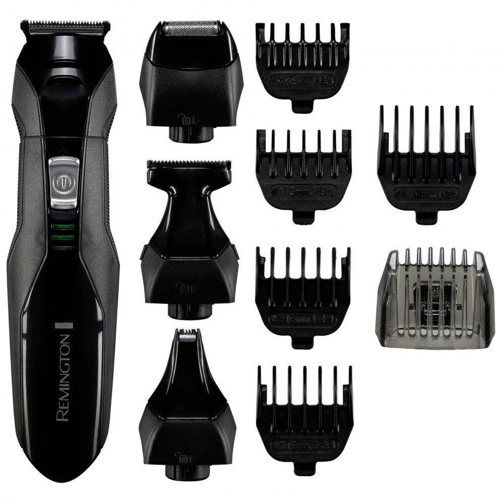 Egy fekete Remington trimmer különböző tartozékokkal, izolálva.
