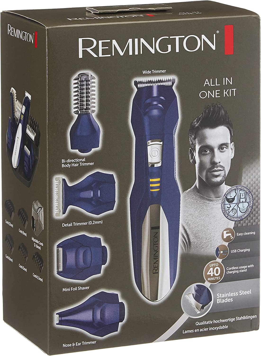 Egy Remington All in One Kit doboz, egy férfi képével és termékadatokkal.