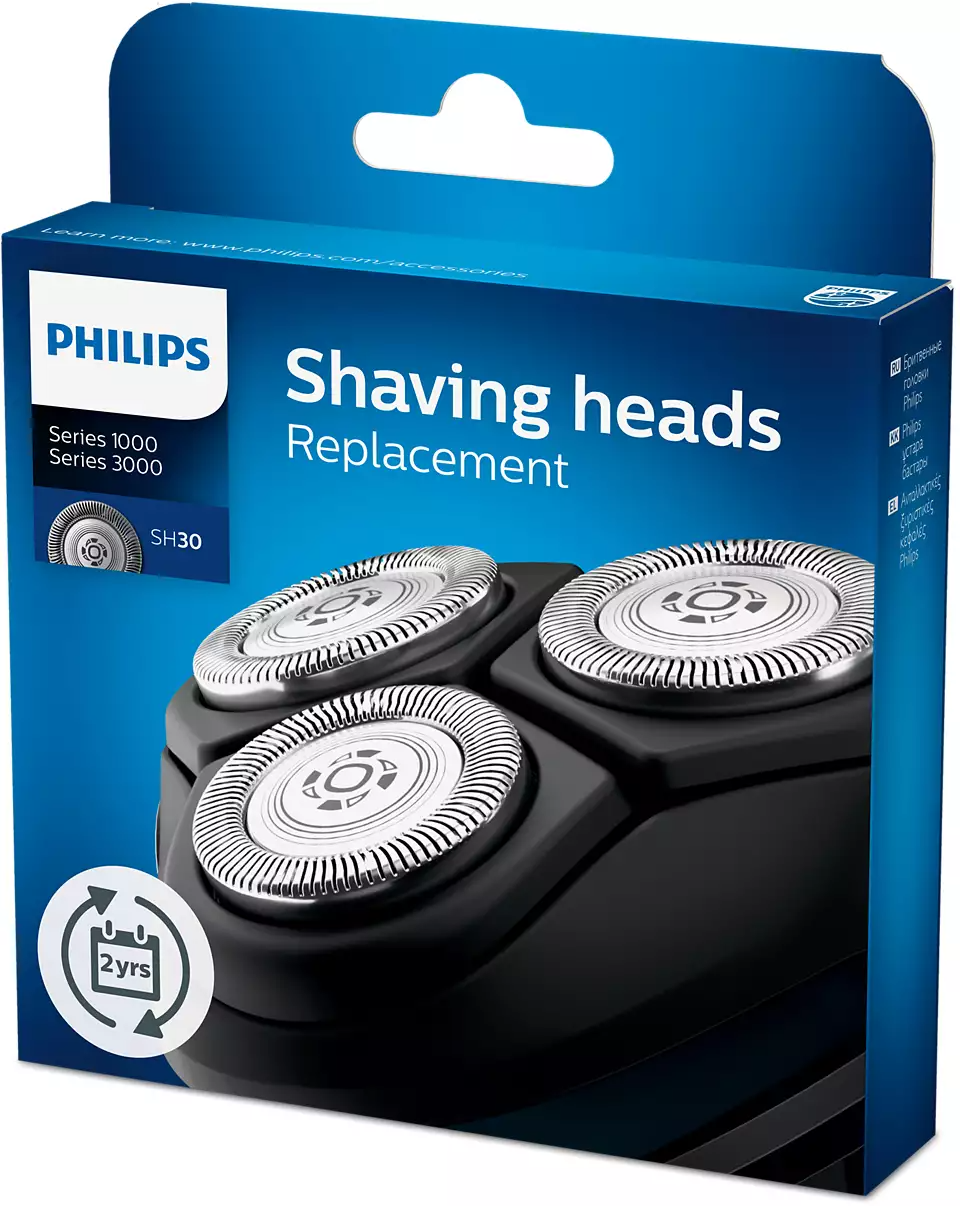 Philips borotvafejek cseréje doboz a fejek képével.