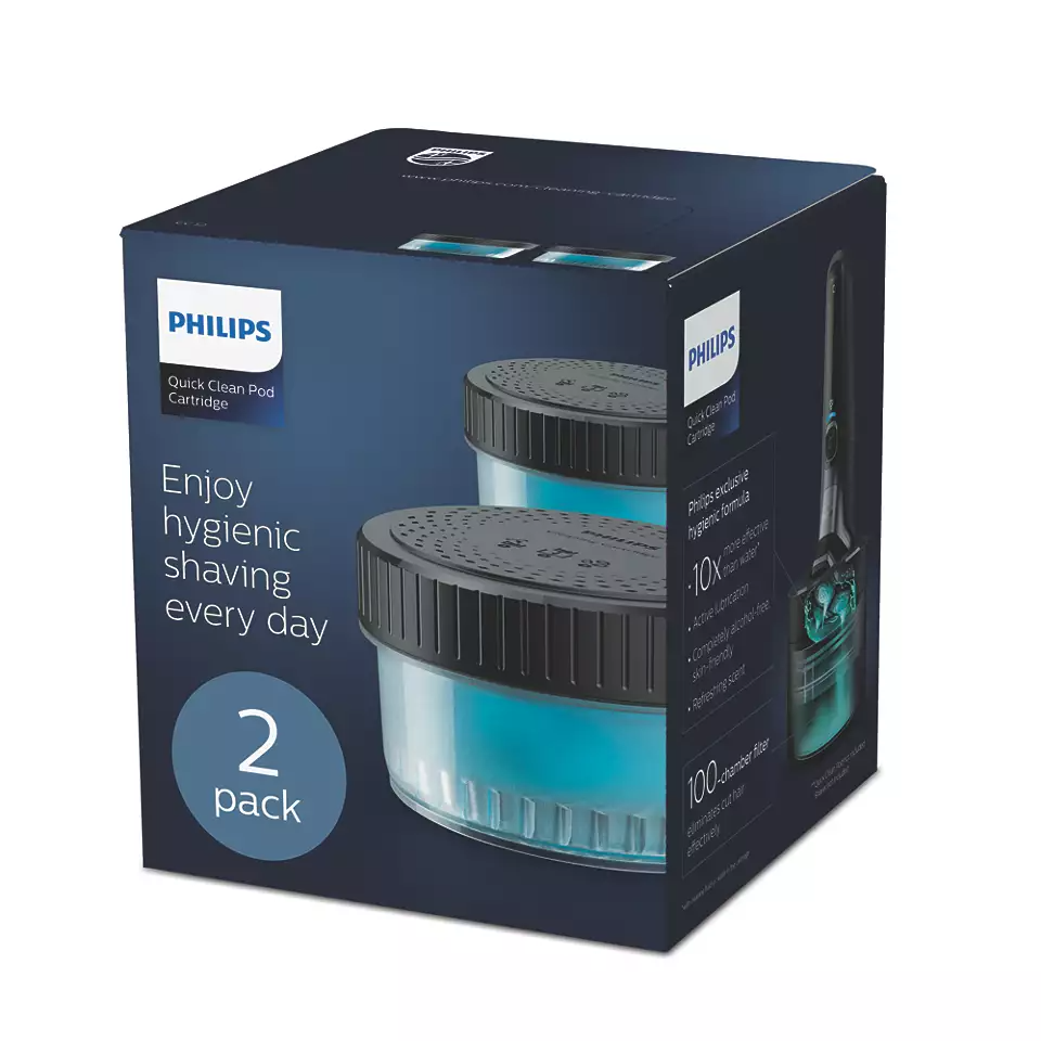 Egy doboz Philips Quick Clean Pod patron, egy borotválkozó készülékkel az oldalán.
