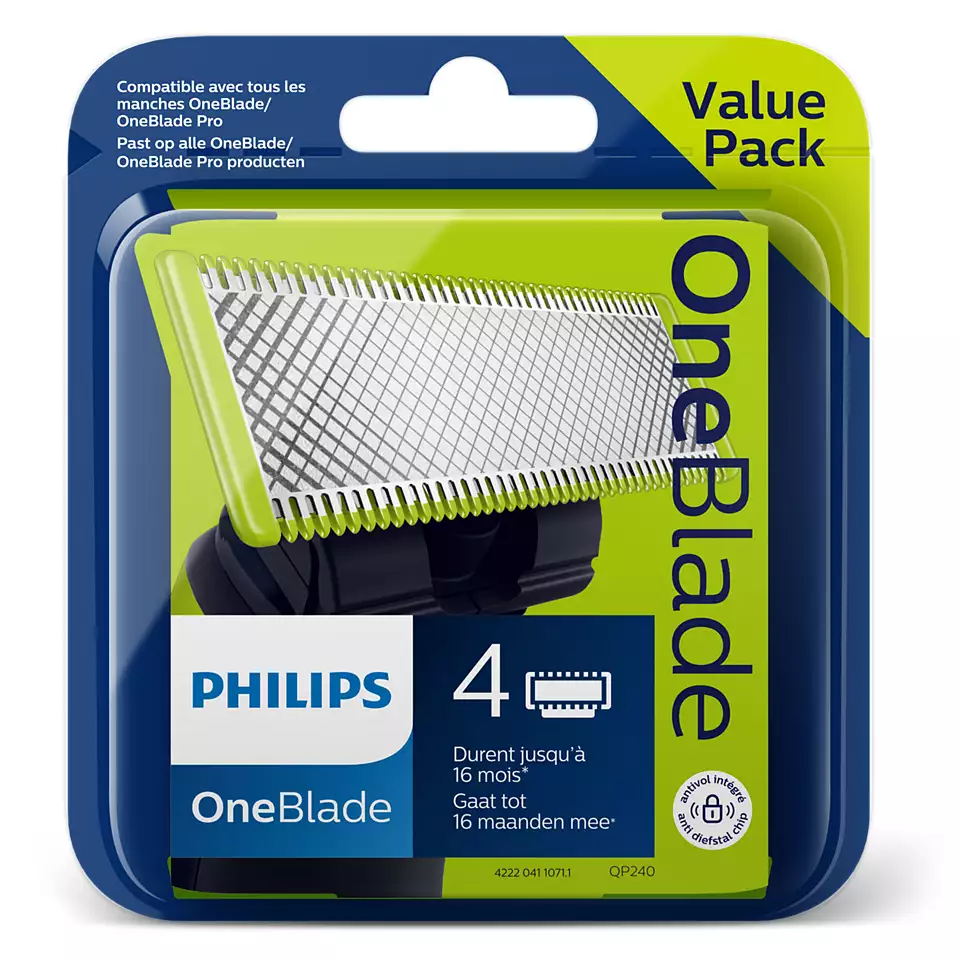 Philips OneBlade borotvapenge csomag. Zöld és fekete pengék, kék csomagolás 'Value Pack' felirattal.