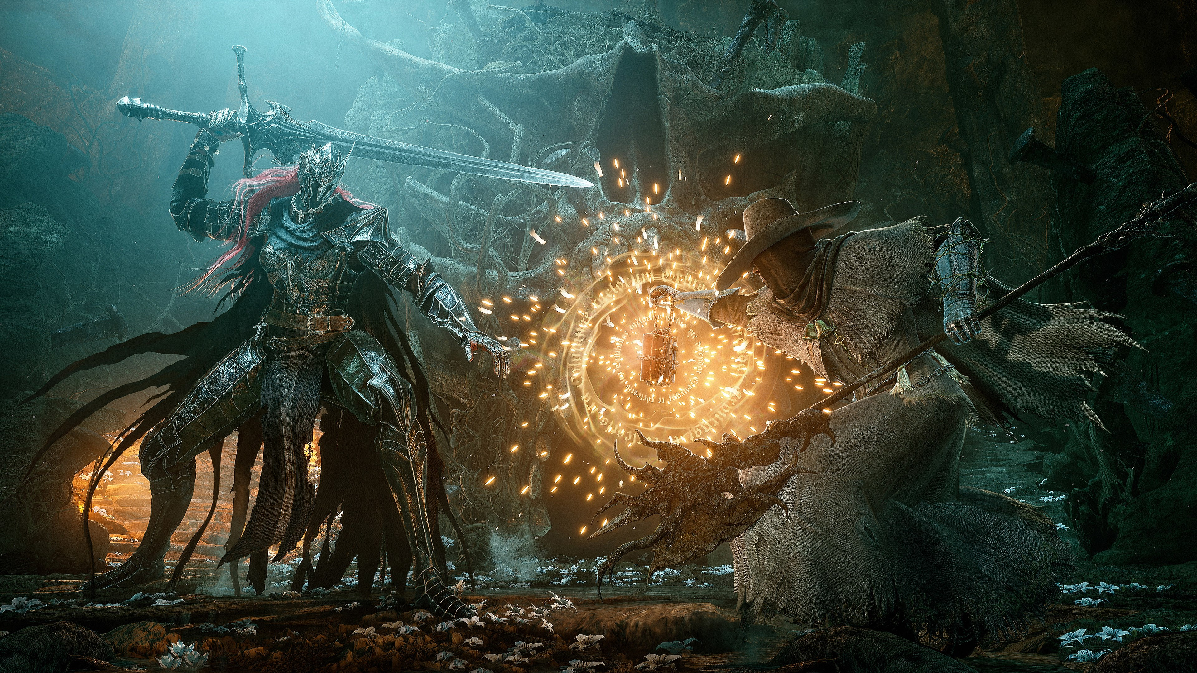 Scena fantasy con due figure che combattono in una grotta oscura. Spada e bastone.