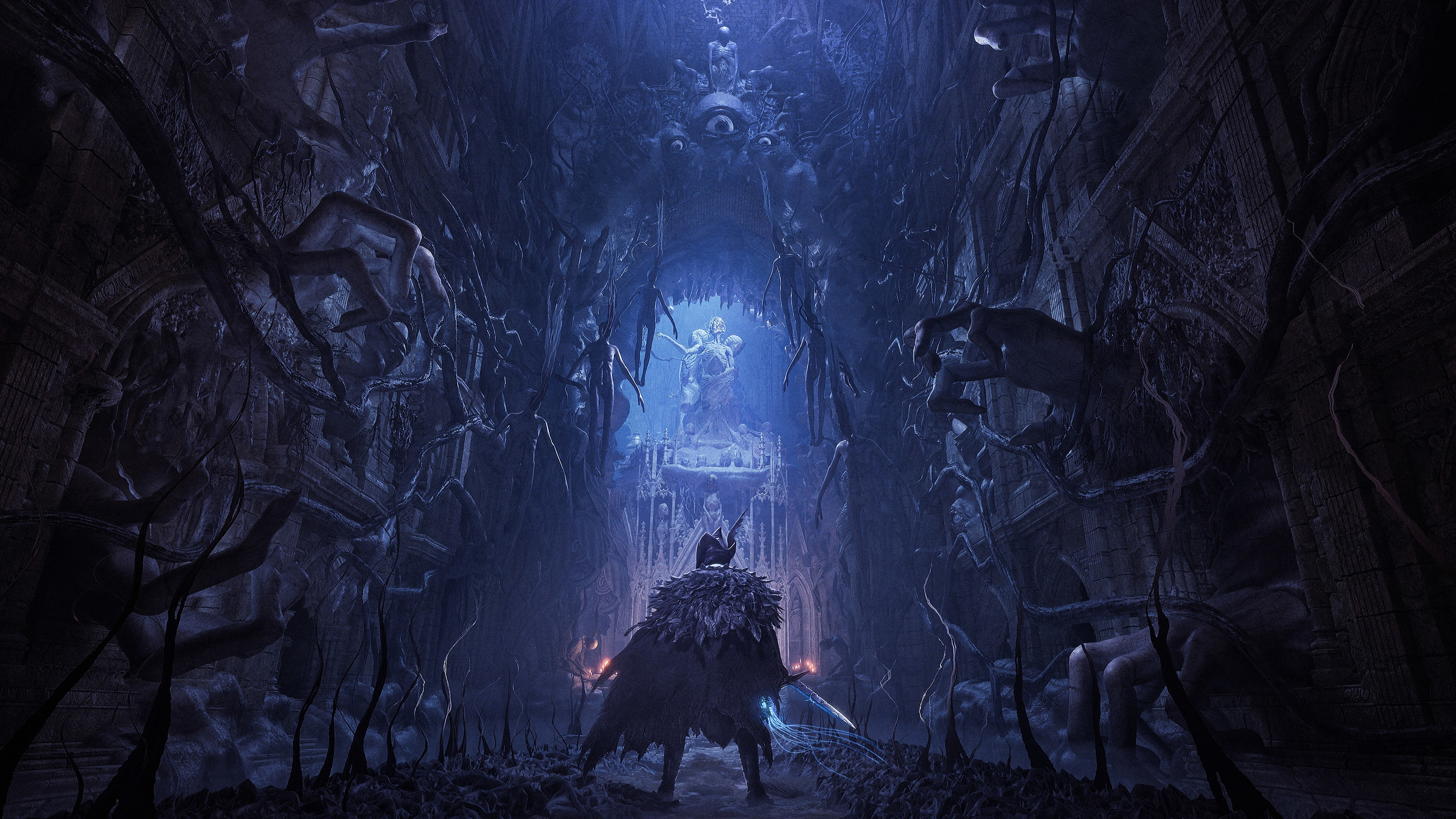 Una persona è in una caverna oscura, rivolta verso una luce alla fine. La caverna ha molti rami scuri e contorti.