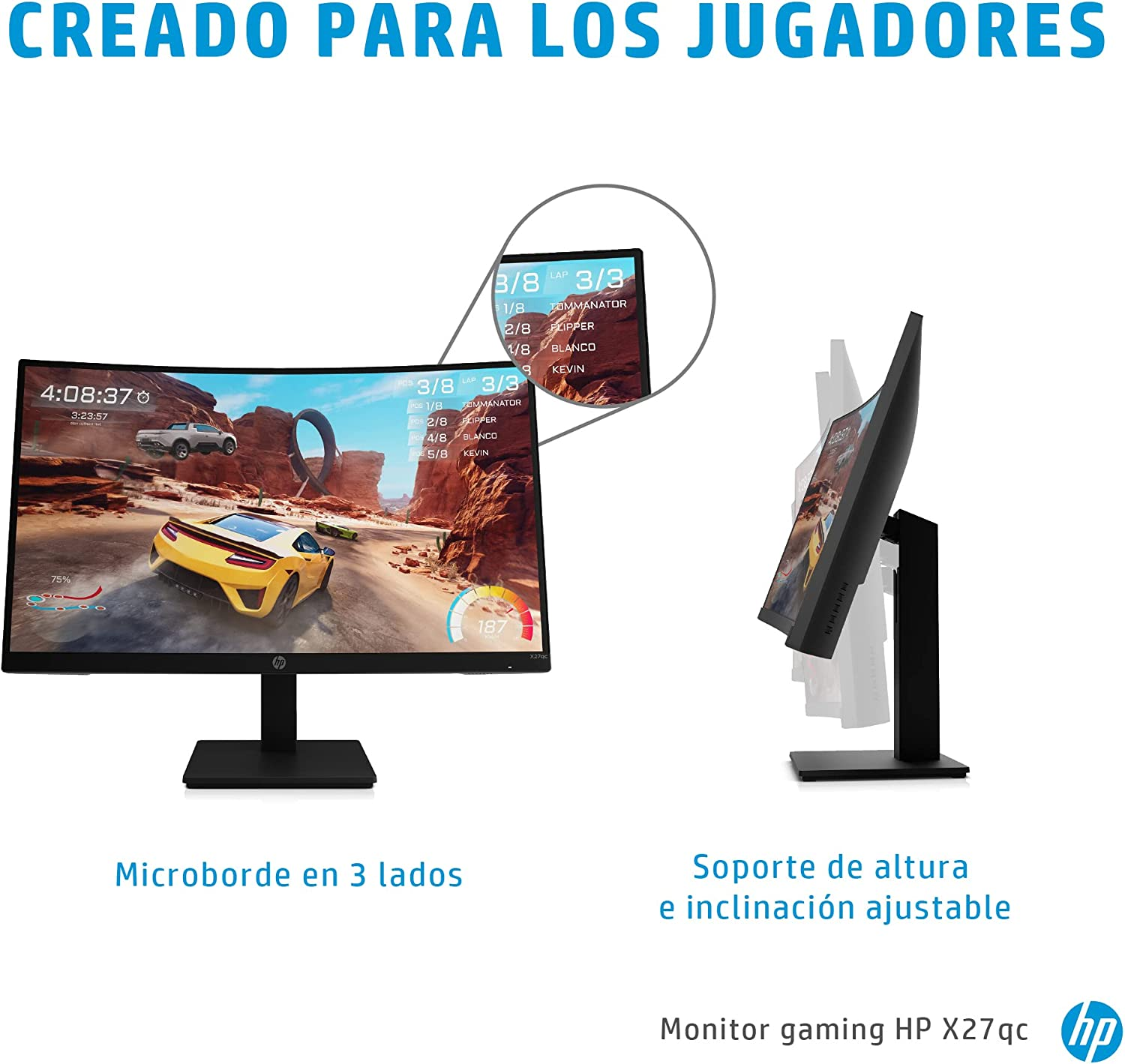Monitor gaming - HP X27qc, 27", QHD, Curvo, 1 ms, 165 Hz, 1 HDMI 2.0; Panel VA,  FreeSync™, Eyesafe® Premium, OMEN Gaming Hub, Negro