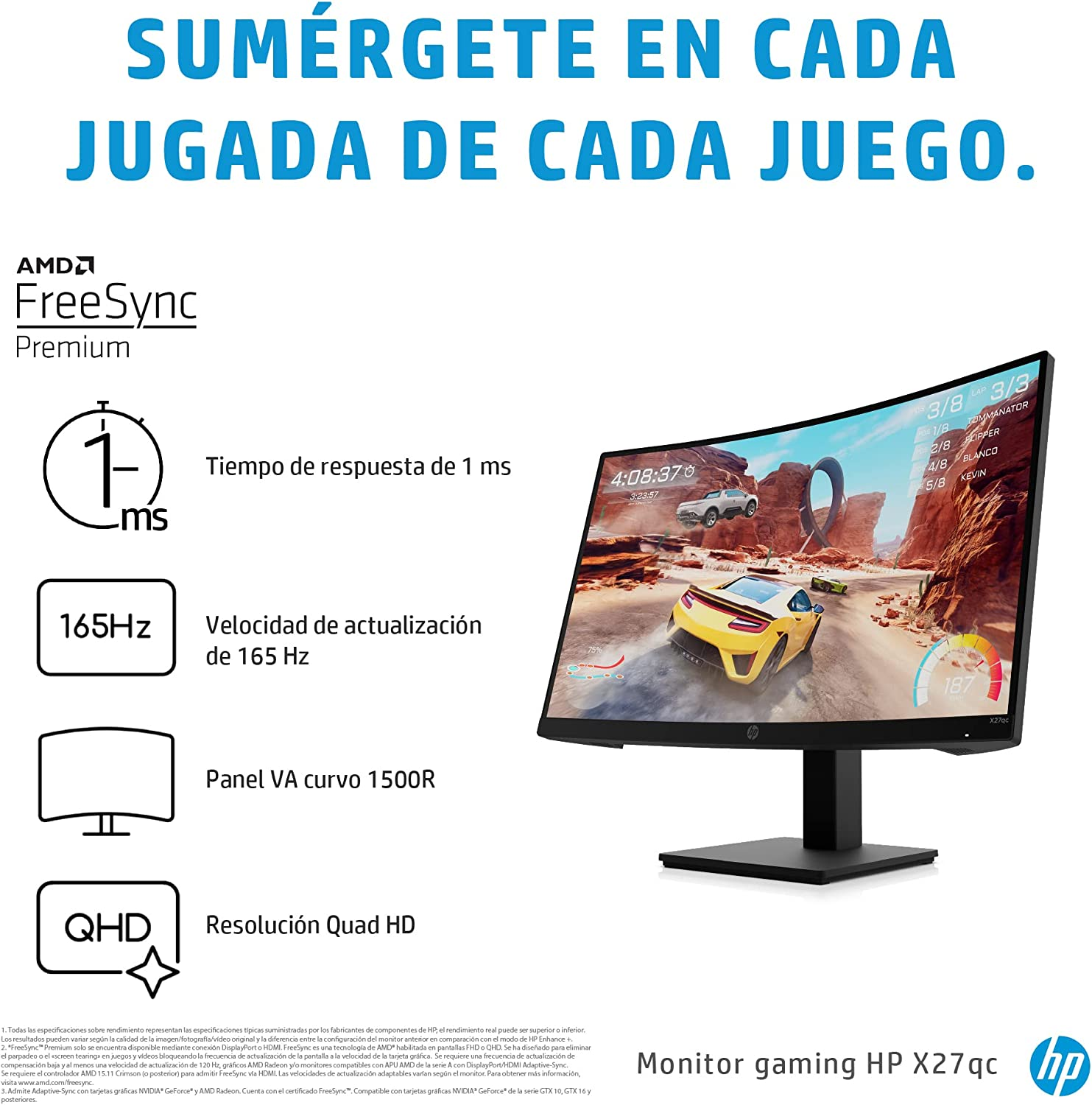 Monitor gaming - HP X27qc, 27", QHD, Curvo, 1 ms, 165 Hz, 1 HDMI 2.0; Panel VA,  FreeSync™, Eyesafe® Premium, OMEN Gaming Hub, Negro