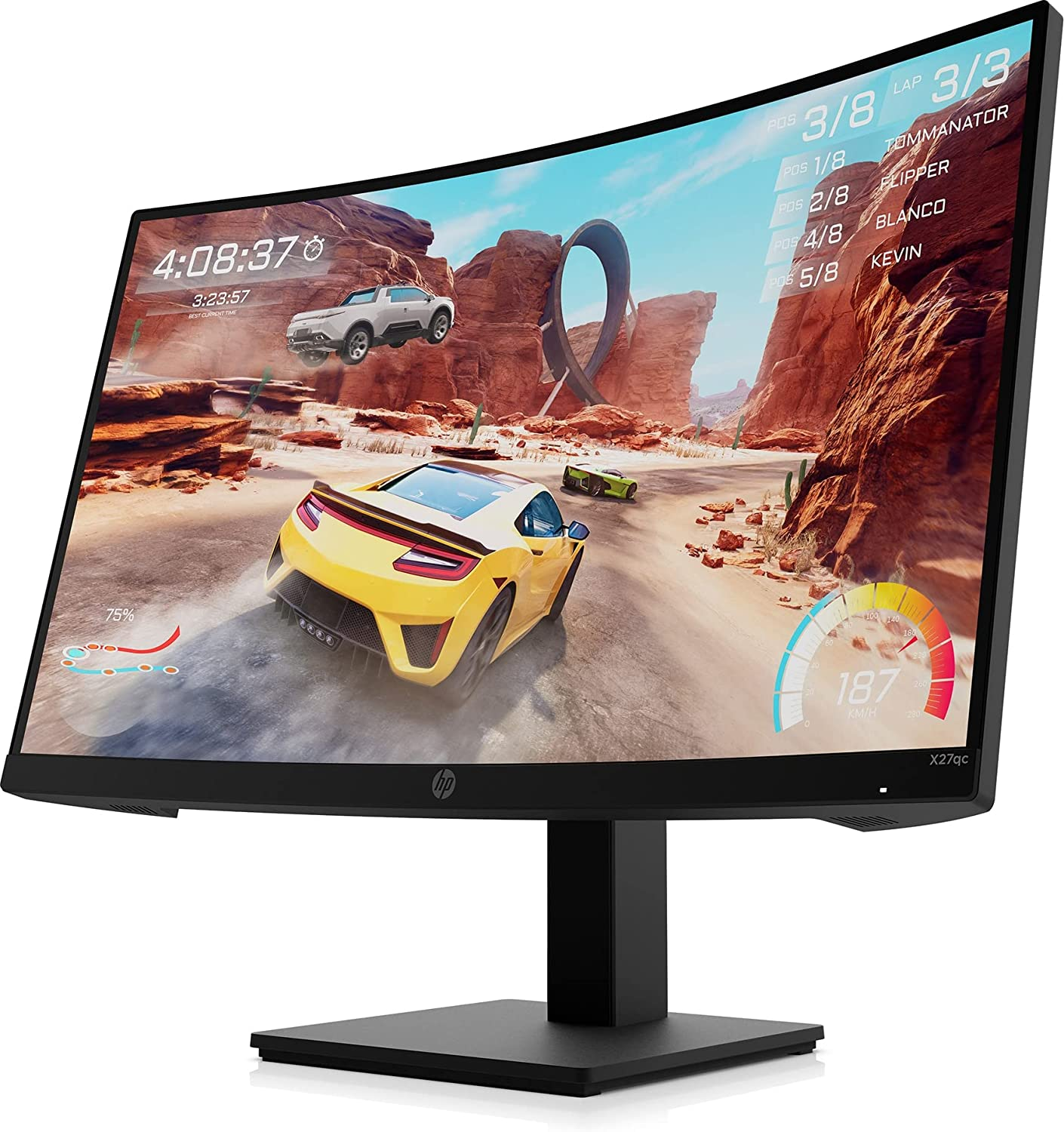 Monitor gaming - HP X27qc, 27", QHD, Curvo, 1 ms, 165 Hz, 1 HDMI 2.0; Panel VA,  FreeSync™, Eyesafe® Premium, OMEN Gaming Hub, Negro