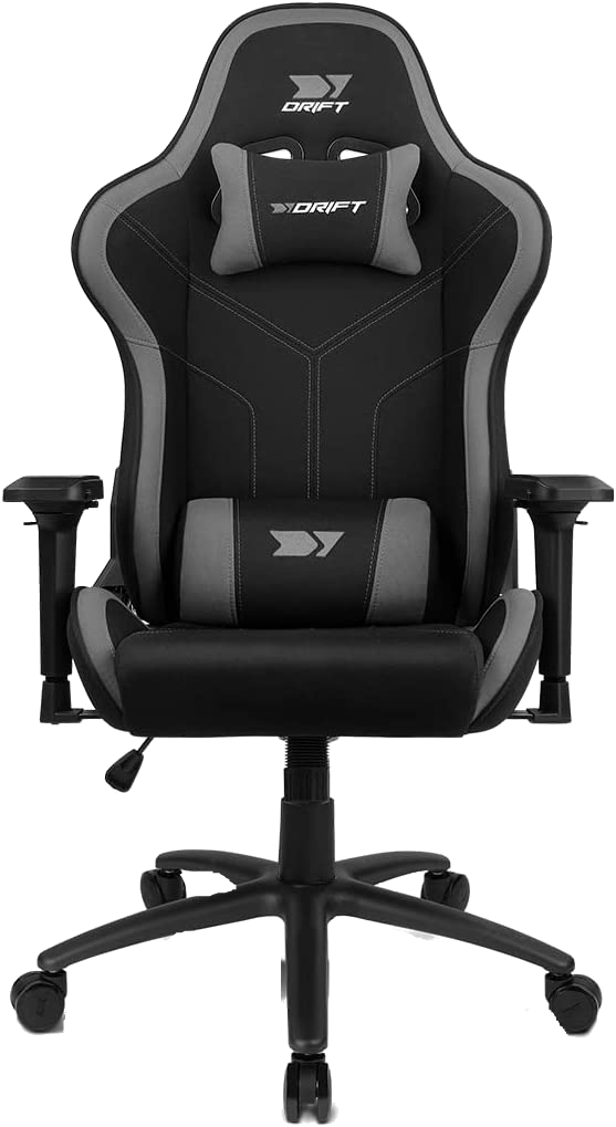 Silla gaming negra y gris. Logotipo Drift en el reposacabezas y soporte lumbar. Base negra.