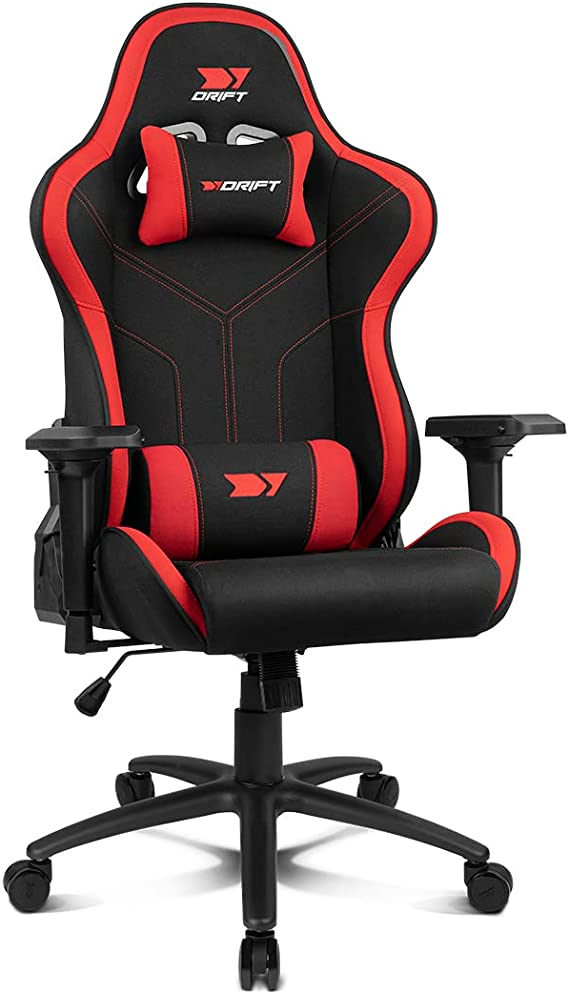 Una silla gaming DRIFT negra y roja con reposacabezas, soporte lumbar y reposabrazos.