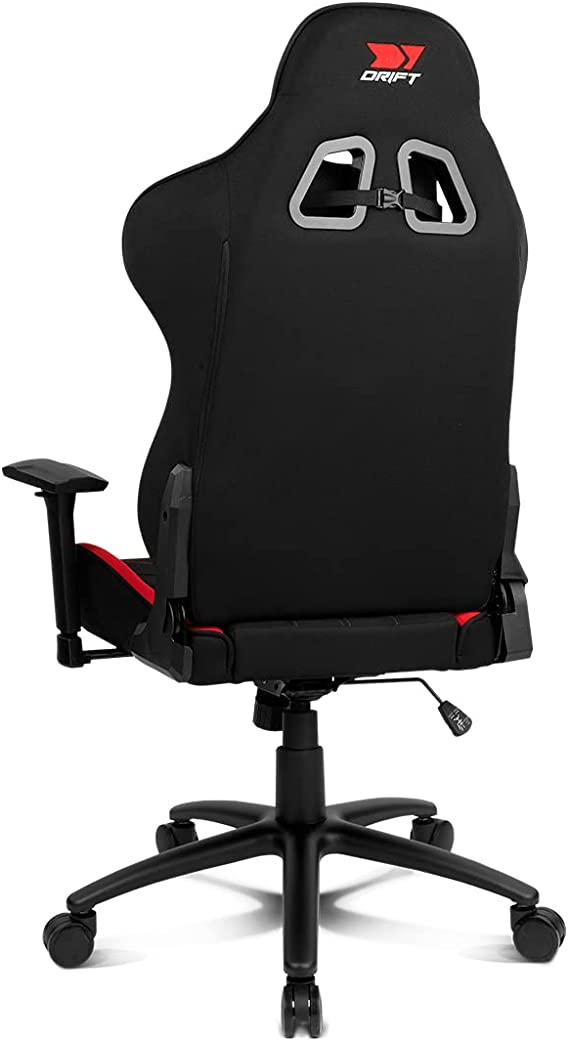 Silla gaming negra, detalles rojos, vista trasera, logo Drift.