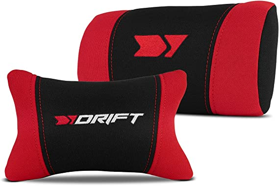 Dos almohadas para reposacabezas de coche, negras con ribete rojo y logotipo 'DRIFT'.