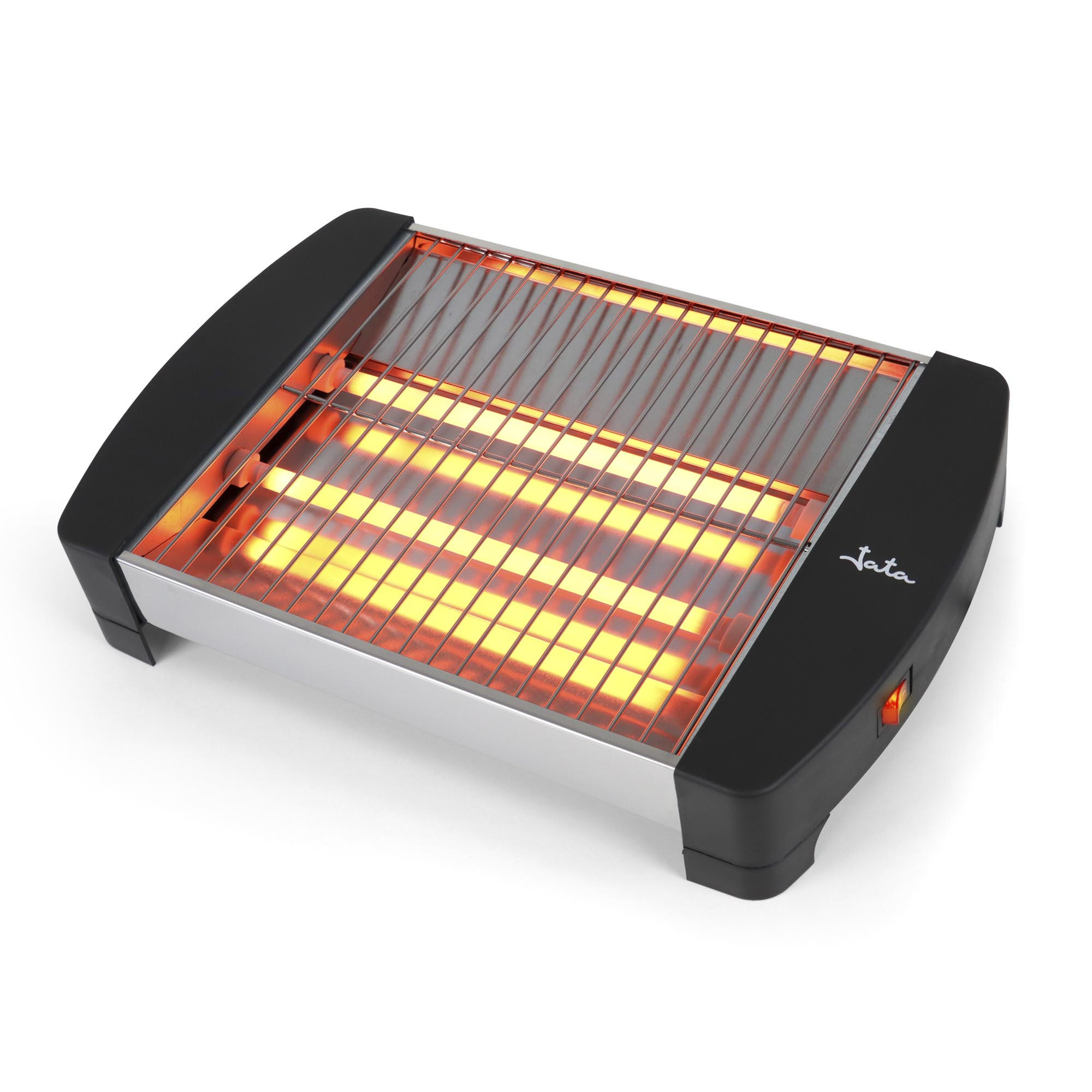 Una parrilla eléctrica con elementos calefactores rojos brillantes. Lados negros, marco plateado y fondo blanco.