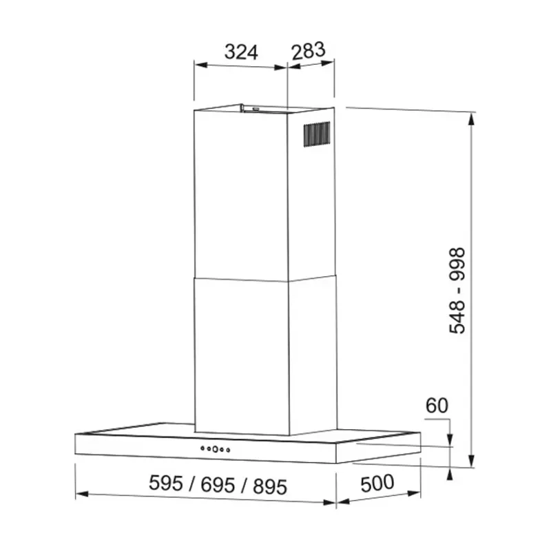 Dibujo técnico de una campana extractora con dimensiones en milímetros, mostrando altura y ancho.