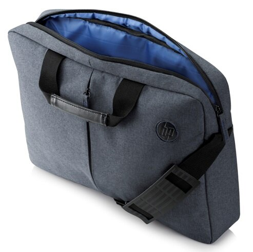 Szara torba na laptopa. Torba jest otwarta, z niebieskim wnętrzem i czarnym uchwytem.