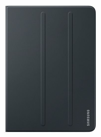 Etui na tablet Samsung. Czarny kolor, pionowe linie, logo Samsung po prawej stronie.