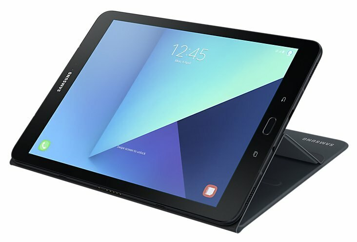 Czarny tablet z czarną okładką, pokazujący niebieski ekran z godziną i zawartością.