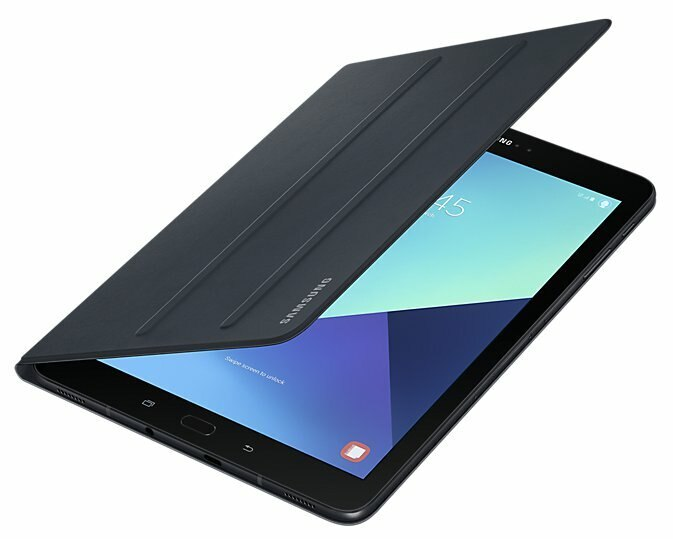 Czarny tablet z częściowo otwartą osłoną, pokazujący ekran.
