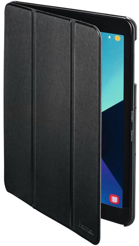 Czarny tablet w czarnym etui, etui częściowo otwarte, pokazujące ekran.