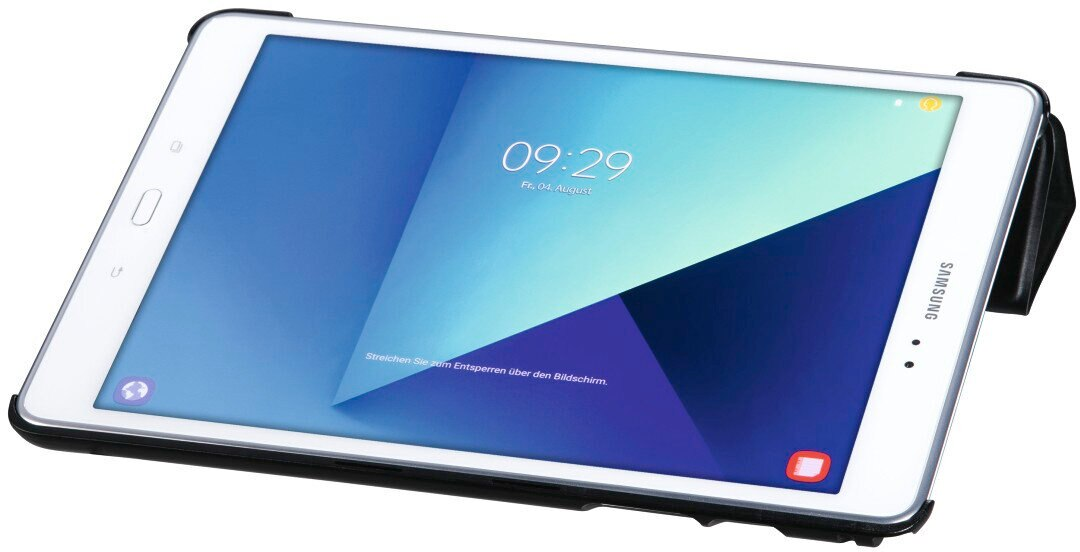 Biały tablet z ekranem wyświetlającym niebiesko-biały wzór, w czarnym etui.