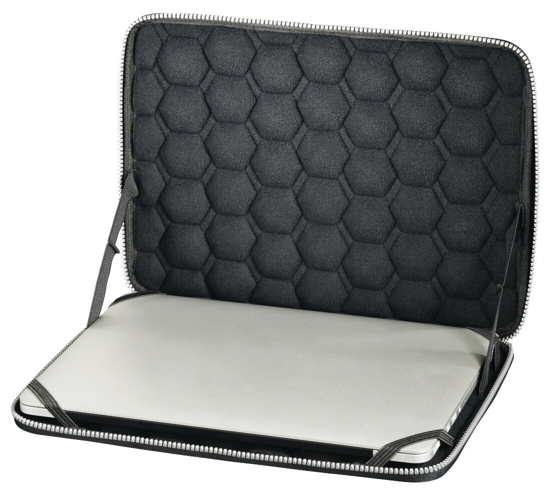 Czarny laptop w czarnym etui, otwarty, z zamkiem błyskawicznym.