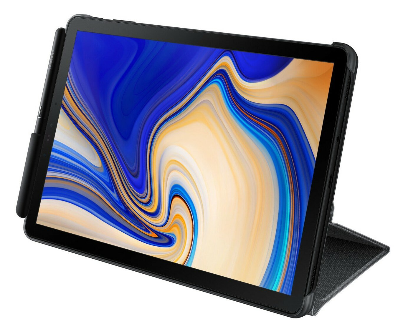 Czarny tablet z czarnym etui i rysikiem. Ekran jest włączony z kolorowym obrazem.