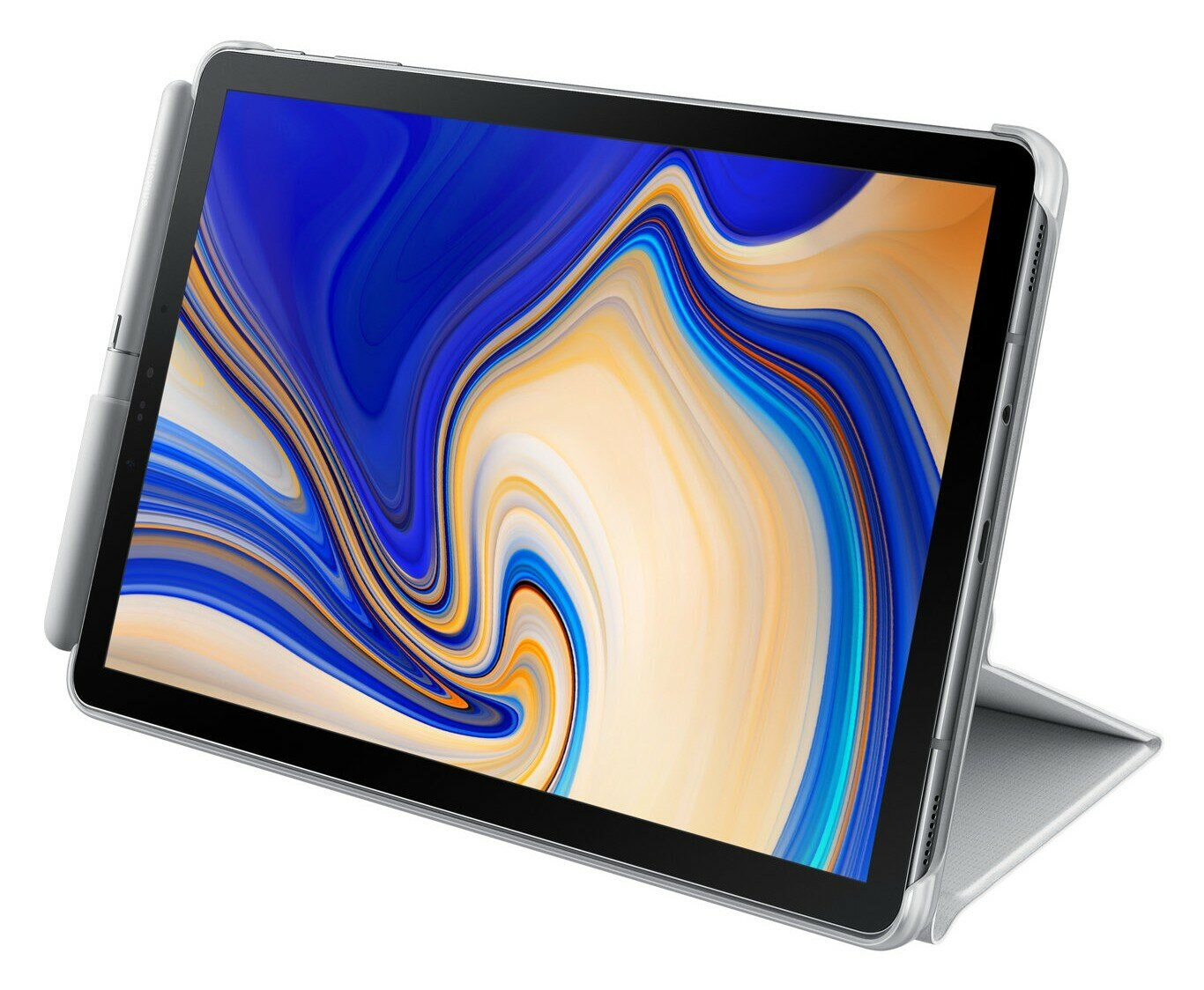 Tablet z rysikiem w etui, na jasnoszarym tle.