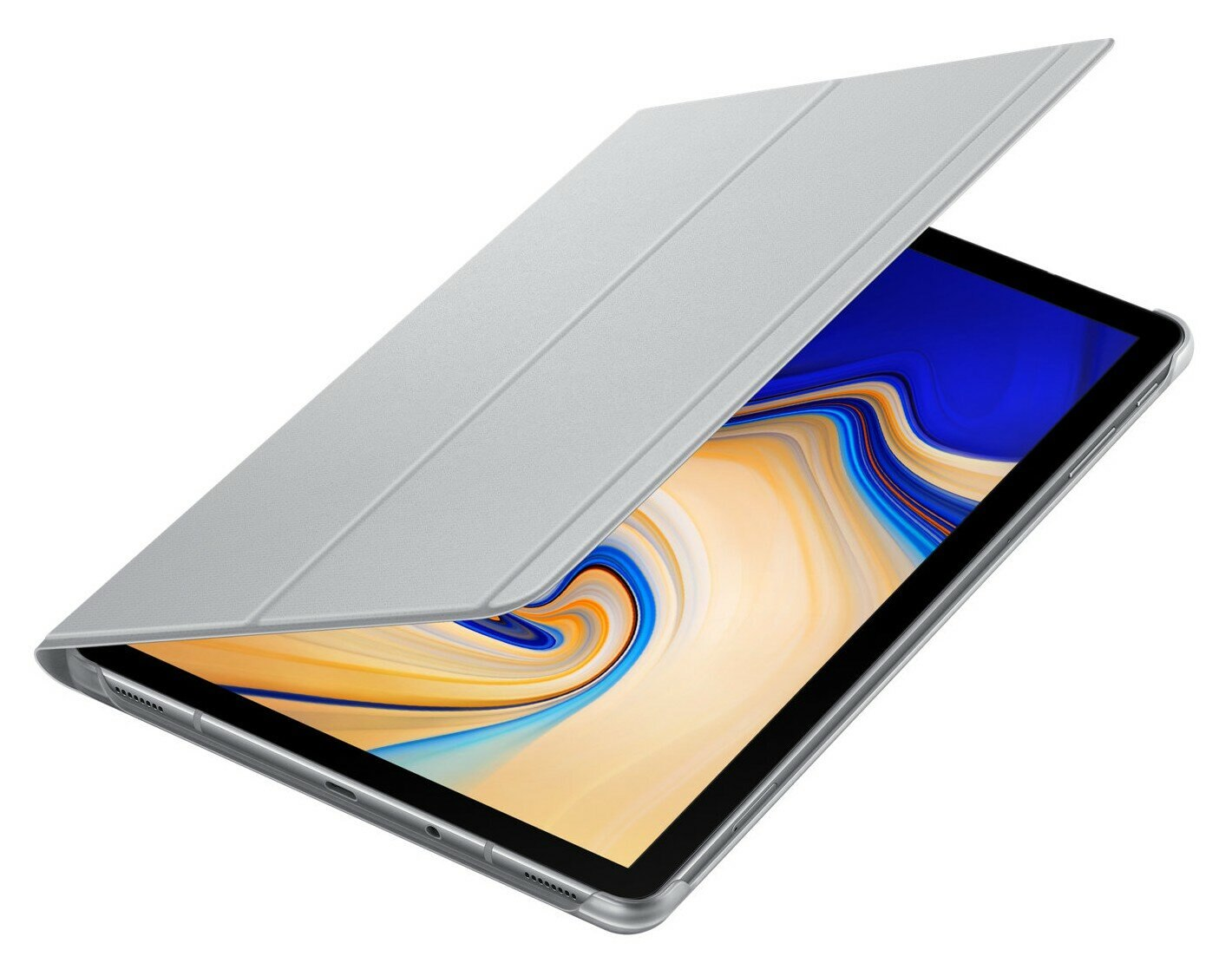 Tablet z częściowo otwartą srebrną obudową. Wyświetla niebiesko-fioletowy abstrakcyjny obraz.
